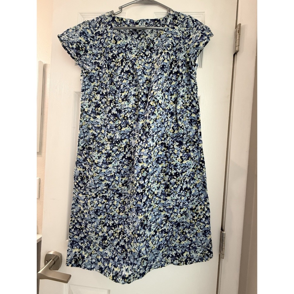 J Jill Women Dress M Blue Linen Floral Shift Cottagecore Short Sleeve